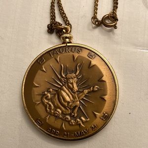 TAURUS MEDALLION on 24” Goldtone CHAIN NECKLACE; Heavy 1 2/2” Diameter Medallion